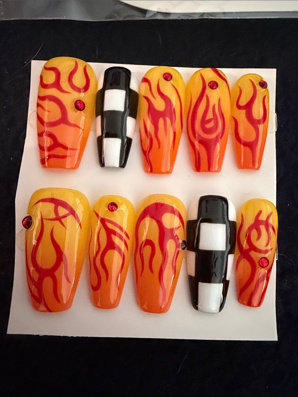 Flame and Checkerboard handmade acrylic Press-On Nails - Yellow Orange Red Black
